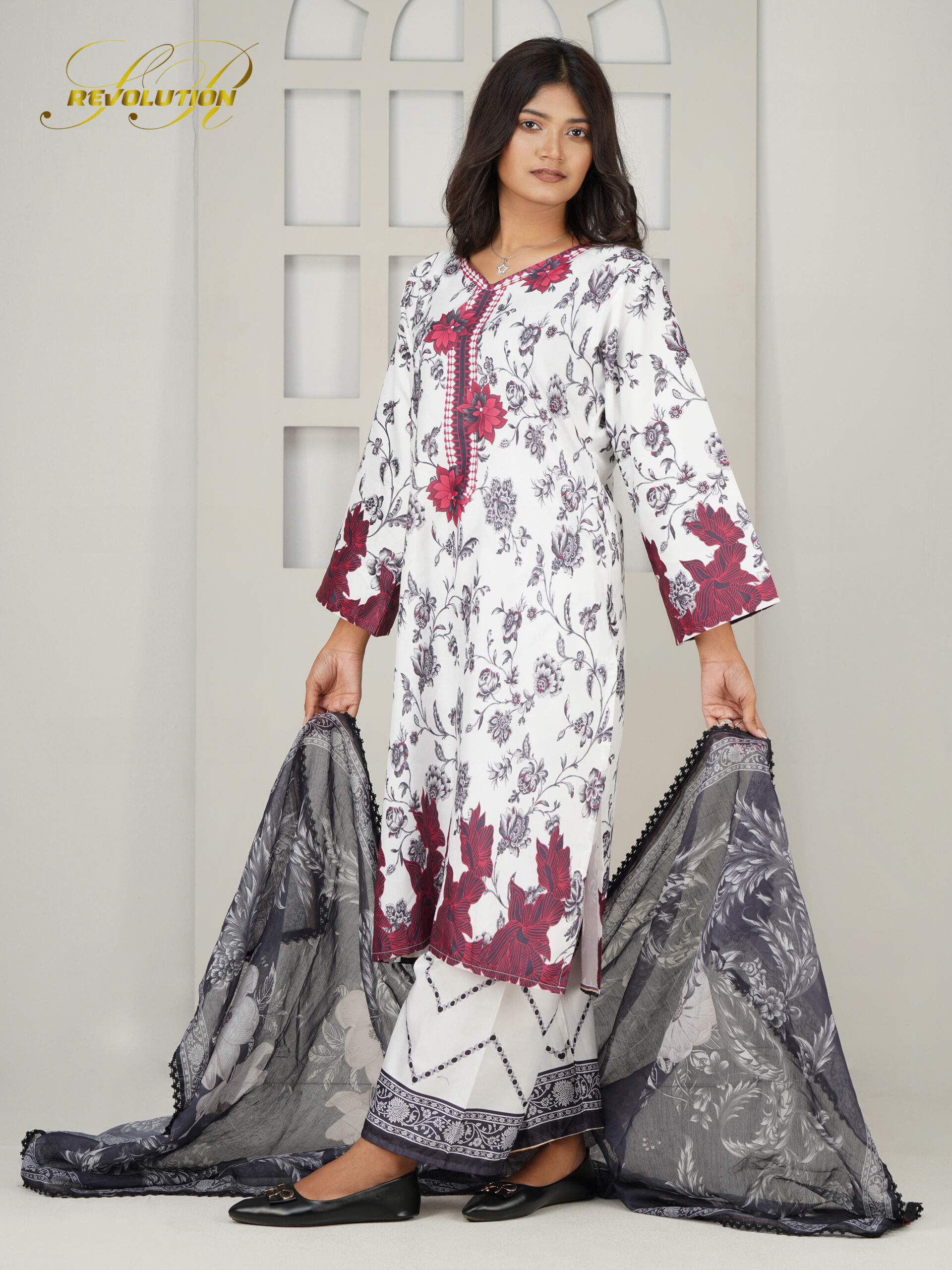Elegant Floral Embroidered 3-Piece Lawn Suit - White & Maroon